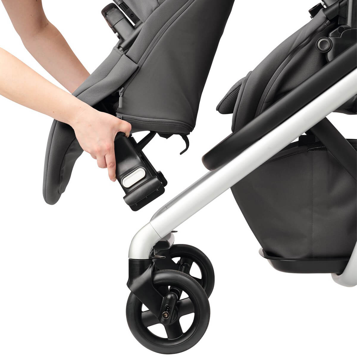 Simply slide the Maxi-Cosi Lila baby pram second child seat on the front of the stroller frame